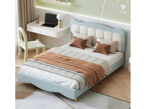 Tweepersoons Kinderbed 140X200Cm In Kunstleer - Met Lattenbodem - Amandelgroen (Matras Niet Inbegrepen)