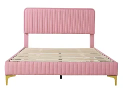 Tweepersoonsbed Gestoffeerd In Kunstleer 140X200Cm - In Hoogte Verstelbaar Hoofdbord - Met Lattenbodem - Roze (Zonder Matras)