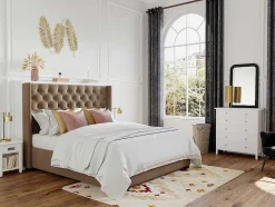 Tweepersoonsbed Massimo Gestoffeerd Met Capitons - 160 X 200 Cm - Beige - Stof