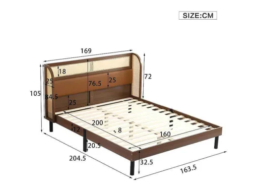 Tweepersoonsbed 160X200Cm - Met Kunstleer En Pvc Rotan Kussens - Met Houten Lattenbodem - Bruin