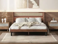 Tweepersoonsbed 160X200Cm - Met Kunstleer En Pvc Rotan Kussens - Met Houten Lattenbodem - Bruin