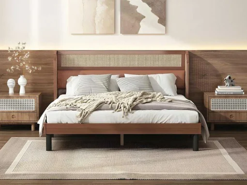 Tweepersoonsbed 160X200Cm - Met Kunstleer En Pvc Rotan Kussens - Met Houten Lattenbodem - Bruin