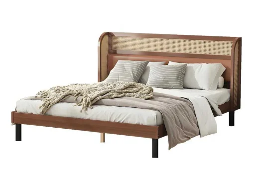 Tweepersoonsbed 160X200Cm - Met Kunstleer En Pvc Rotan Kussens - Met Houten Lattenbodem - Bruin