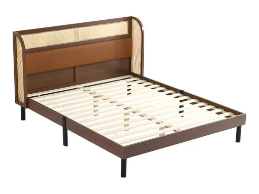 Tweepersoonsbed 160X200Cm - Met Kunstleer En Pvc Rotan Kussens - Met Houten Lattenbodem - Bruin
