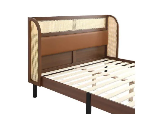 Tweepersoonsbed 160X200Cm - Met Kunstleer En Pvc Rotan Kussens - Met Houten Lattenbodem - Bruin
