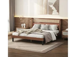 Tweepersoonsbed 160X200Cm - Met Kunstleer En Pvc Rotan Kussens - Met Houten Lattenbodem - Bruin