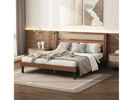 Tweepersoonsbed 160X200Cm - Met Kunstleer En Pvc Rotan Kussens - Met Houten Lattenbodem - Bruin