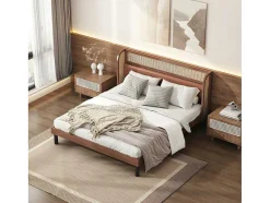 Tweepersoonsbed 160X200Cm - Met Kunstleer En Pvc Rotan Kussens - Met Houten Lattenbodem - Bruin