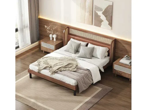 Tweepersoonsbed 160X200Cm - Met Kunstleer En Pvc Rotan Kussens - Met Houten Lattenbodem - Bruin