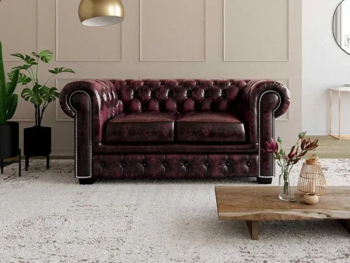 Tweezitsbank Chesterfield Brenton 100% Buffelleer - Cherry