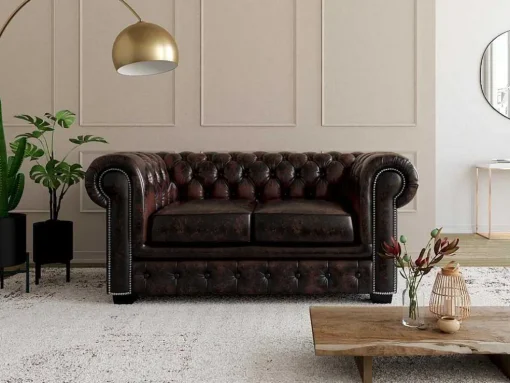 Tweezitsbank Chesterfield Brenton 100% Buffelleer - Bruin Tinten