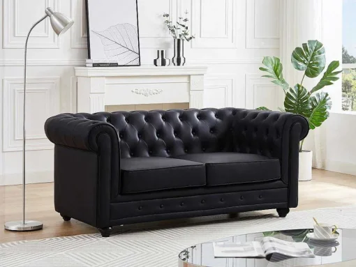 Tweezitsbank Van Zwart Kunstleer Chesterfield