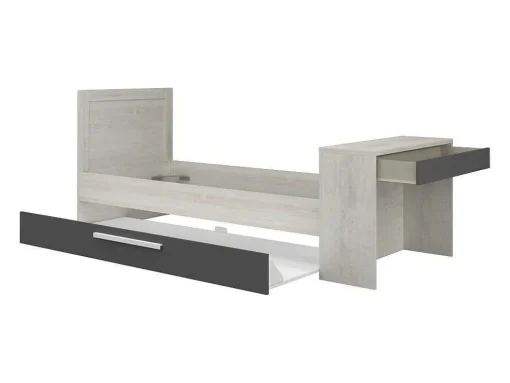 Uitschuifbaar Bed 90 X 200 En 90 X 190 Cm - Met Bureau - Kleur: Naturel En Antraciet + Matras + Bedbodem - Vouani