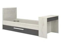 Uitschuifbaar Bed 90 X 200 En 90 X 190 Cm - Met Bureau - Kleur: Naturel En Antraciet + Matras + Bedbodem - Vouani