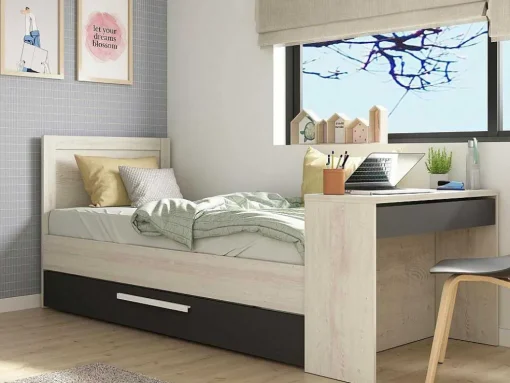 Uitschuifbaar Bed 90 X 200 En 90 X 190 Cm - Met Bureau - Kleur: Naturel En Antraciet + Matras + Bedbodem - Vouani