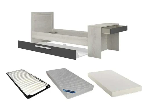 Uitschuifbaar Bed 90 X 200 En 90 X 190 Cm - Met Bureau - Kleur: Naturel En Antraciet + Matras + Bedbodem - Vouani