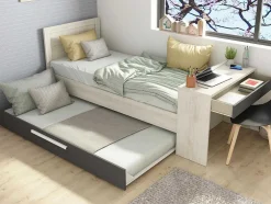 Uitschuifbaar Bed 90 X 200 En 90 X 190 Cm - Met Bureau - Kleur: Naturel En Antraciet + Matras + Bedbodem - Vouani