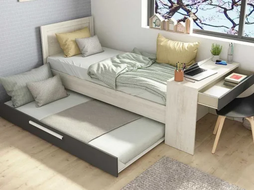 Uitschuifbaar Bed 90 X 200 En 90 X 190 Cm - Met Bureau - Kleur: Naturel En Antraciet + Matras + Bedbodem - Vouani