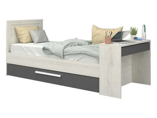 Uitschuifbaar Bed 90 X 200 En 90 X 190 Cm - Met Bureau - Kleur: Naturel En Antraciet + Matras + Bedbodem - Vouani