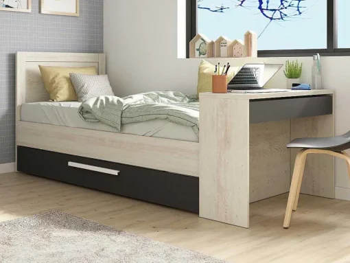 Uitschuifbaar Bed 90 X 200 En 90 X 190 Cm - Met Bureau - Kleur: Naturel En Antraciet + Matras + Bedbodem - Vouani