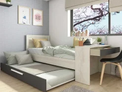 Uitschuifbaar Bed 90 X 200 En 90 X 190 Cm - Met Bureau - Kleur: Naturel En Antraciet + Matras + Bedbodem - Vouani