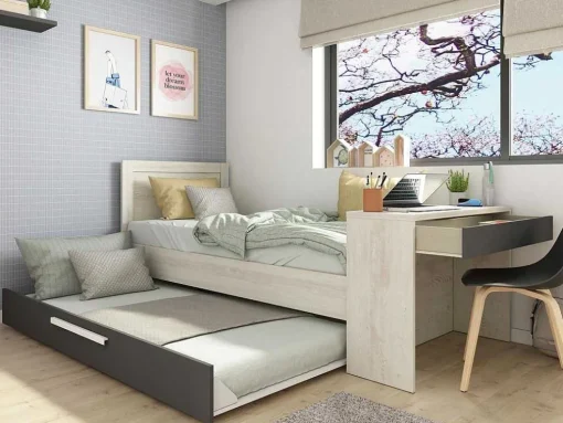 Uitschuifbaar Bed 90 X 200 En 90 X 190 Cm - Met Bureau - Kleur: Naturel En Antraciet + Matras + Bedbodem - Vouani