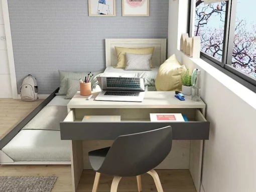 Uitschuifbaar Bed 90 X 200 En 90 X 190 Cm - Met Bureau - Kleur: Naturel En Antraciet + Matras + Bedbodem - Vouani