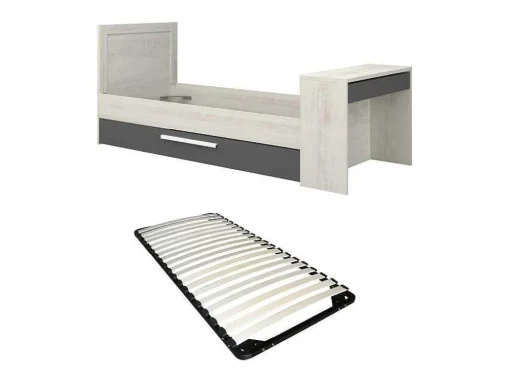 Uitschuifbaar Bed 2 X 90 X 200 Cm - Met Bureau - Kleur: Naturel En Antraciet + Bedbodem - Vouani