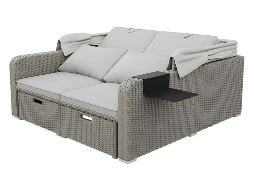 Uitschuifbaar Tuinmeubel - Pe Rotan Loungebank Met Verstelbare Luifel - Stalen Structuur - Taupe