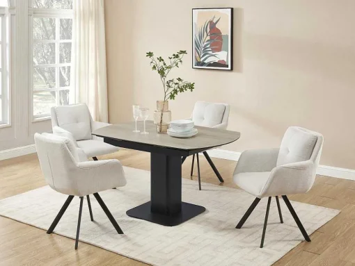 Uitschuifbare Eettafel Voor 4 Tot 8 Personen In Keramiek, Gehard Glas, Metaal En Mdf - Lichte Houtlook En Zwart - Taloza