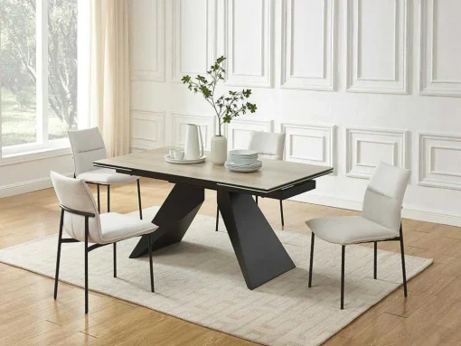 Uitschuifbare Eettafel Voor 6-10 Personen In Keramiek, Gehard Glas En Metaal - Lichte Houtlook En Zwart - Suniva