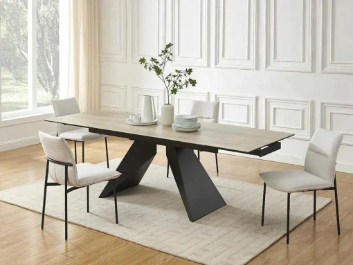 Uitschuifbare Eettafel Voor 6-10 Personen In Keramiek, Gehard Glas En Metaal - Lichte Houtlook En Zwart - Suniva