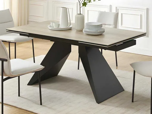 Uitschuifbare Eettafel Voor 6-10 Personen In Keramiek, Gehard Glas En Metaal - Lichte Houtlook En Zwart - Suniva