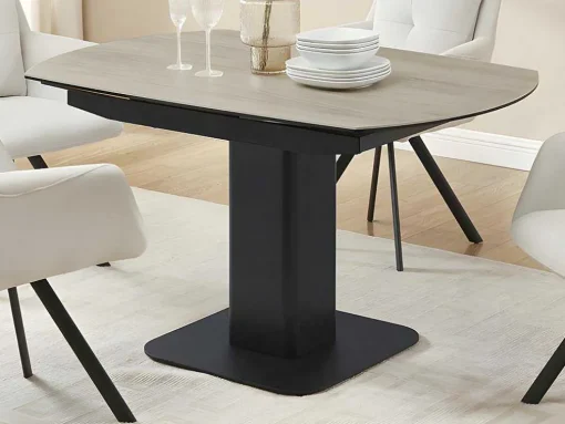 Uitschuifbare Eettafel Voor 4 Tot 8 Personen In Keramiek, Gehard Glas, Metaal En Mdf - Lichte Houtlook En Zwart - Taloza