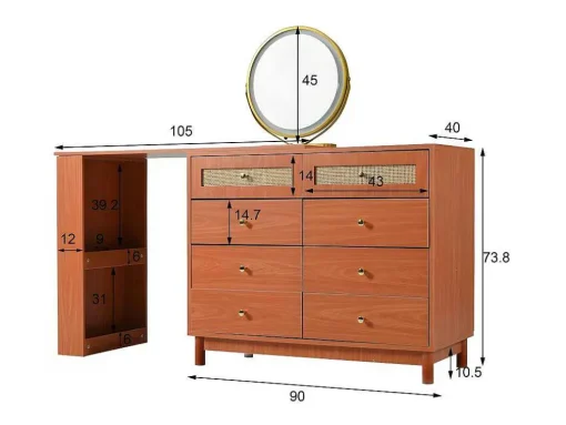 Uitschuifbare Kaptafel - 8 Laden En 1 Spiegel Met Led - Retrostijl - Bruin (Kruk Niet Inbegrepen)