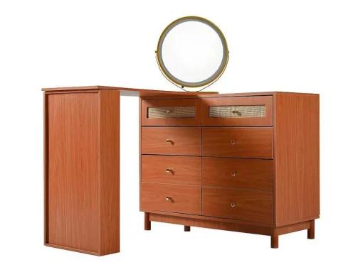 Uitschuifbare Kaptafel - 8 Laden En 1 Spiegel Met Led - Retrostijl - Bruin (Kruk Niet Inbegrepen)