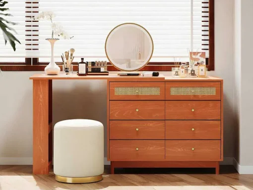 Uitschuifbare Kaptafel - 8 Laden En 1 Spiegel Met Led - Retrostijl - Bruin (Kruk Niet Inbegrepen)
