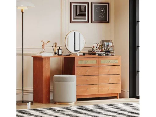Uitschuifbare Kaptafel - 8 Laden En 1 Spiegel Met Led - Retrostijl - Bruin (Kruk Niet Inbegrepen)