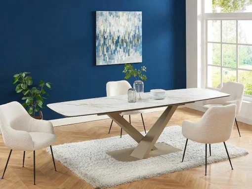 Verlengbare Eettafel 6 Tot 10 Plaatsen Van Keramiek En Metaal - Wit En Beige Marmereffect - Malata - Van Pascal Morabito