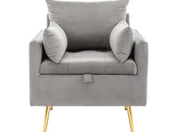 Vipi Fauteuil In Fluwelen Stof Met Opbergruimte En Kussen - Poten Van Goudkleurig Metaal - Grijs