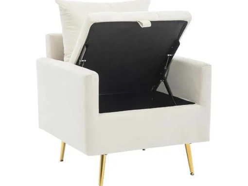 Vipi Fauteuil In Fluwelen Stof Met Opbergruimte En Kussen - Poten Van Goudkleurig Metaal - Wit