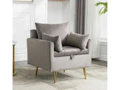 Vipi Fauteuil In Fluwelen Stof Met Opbergruimte En Kussen - Poten Van Goudkleurig Metaal - Grijs