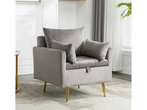 Vipi Fauteuil In Fluwelen Stof Met Opbergruimte En Kussen - Poten Van Goudkleurig Metaal - Grijs
