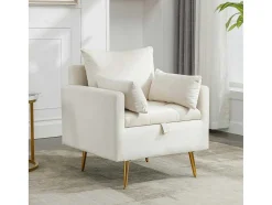 Vipi Fauteuil In Fluwelen Stof Met Opbergruimte En Kussen - Poten Van Goudkleurig Metaal - Wit