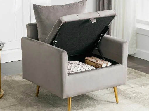 Vipi Fauteuil In Fluwelen Stof Met Opbergruimte En Kussen - Poten Van Goudkleurig Metaal - Grijs