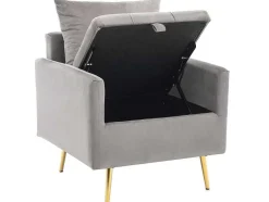 Vipi Fauteuil In Fluwelen Stof Met Opbergruimte En Kussen - Poten Van Goudkleurig Metaal - Grijs