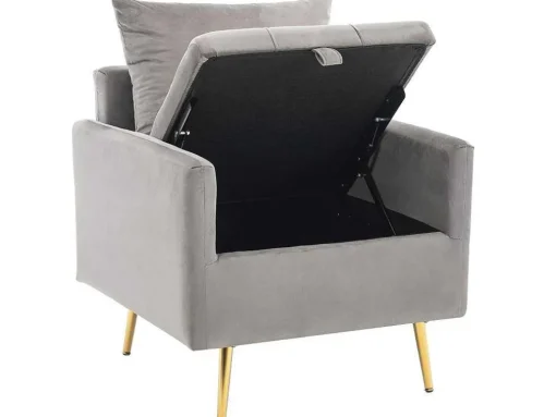 Vipi Fauteuil In Fluwelen Stof Met Opbergruimte En Kussen - Poten Van Goudkleurig Metaal - Grijs