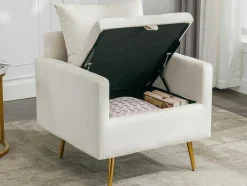 Vipi Fauteuil In Fluwelen Stof Met Opbergruimte En Kussen - Poten Van Goudkleurig Metaal - Wit