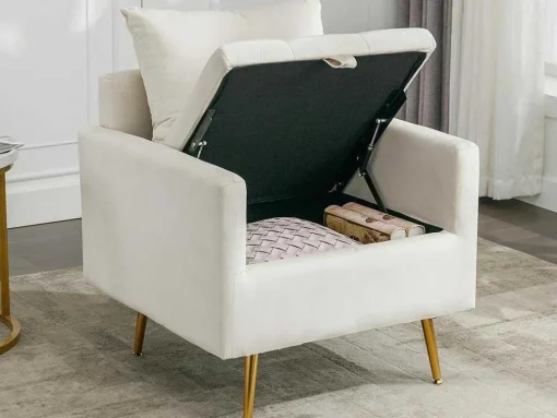 Vipi Fauteuil In Fluwelen Stof Met Opbergruimte En Kussen - Poten Van Goudkleurig Metaal - Wit