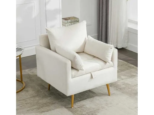 Vipi Fauteuil In Fluwelen Stof Met Opbergruimte En Kussen - Poten Van Goudkleurig Metaal - Wit